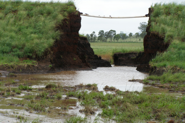 Photo of a breached earthern watercourse barrier needing repair 