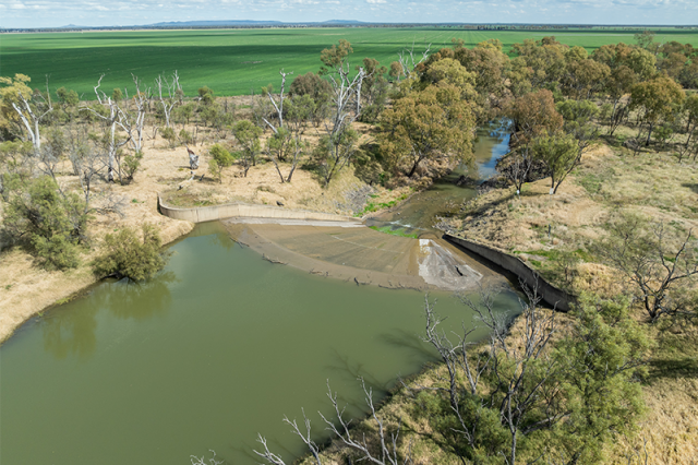 Right-side aerial view of the Upper Condamine Scheme, in the Murray Darling Basin. A concrete retaining wall is visible on either side of the river, which widens after drizzling over the concrete slab that extends the full-wdith of the river. Native tress are visible on the banks, and farmland is visible in the background. 