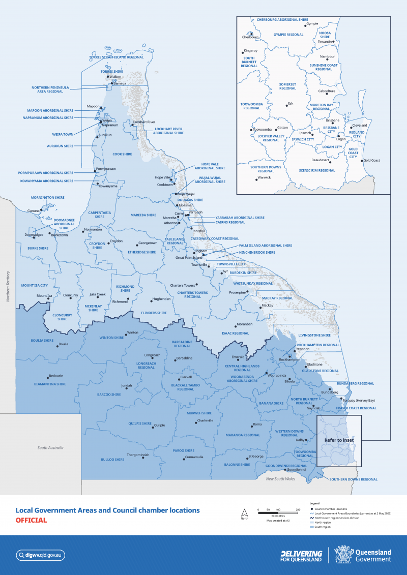 Map of Local Government Areas in Queensland showing which come under the northern and southern administrative divisions
